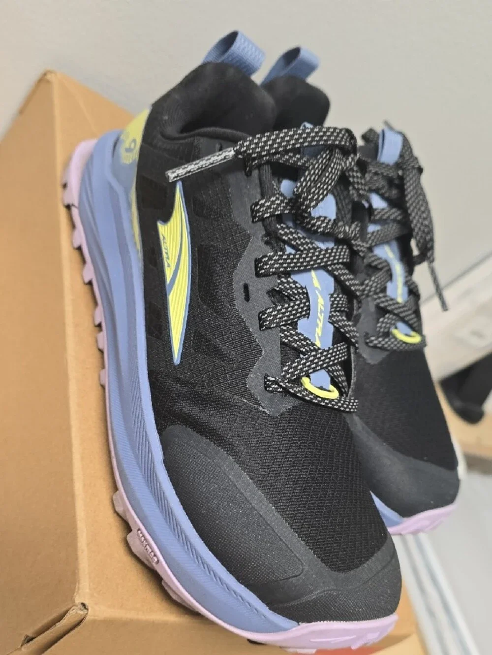 Altra Women's Lone Peak Black Trail Runners with Lavender and Yellow Size 7